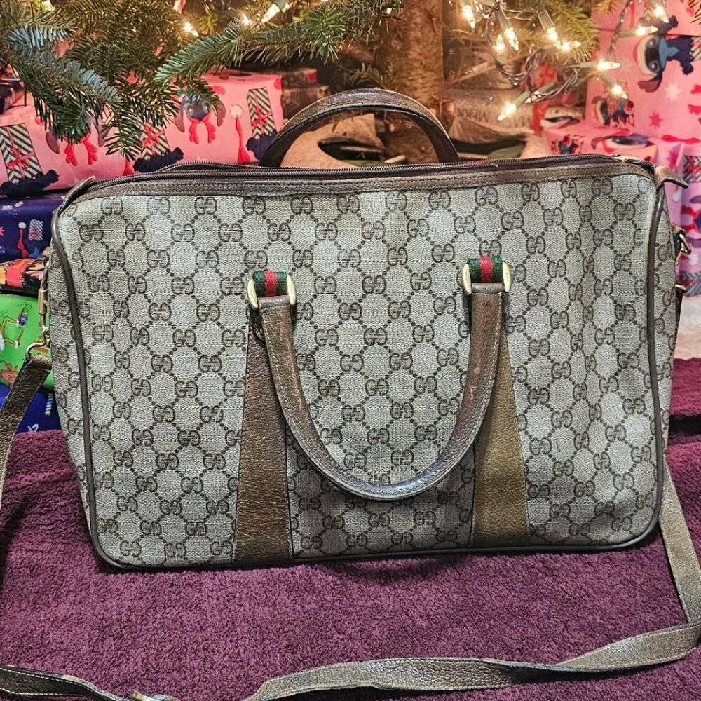Gucci GG Monogram Boston Satchel Brown Canvas Leather Vintage